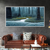 Cabin art, snow covered winter forest, winter vacation home art, framed canvas print, ready to hang framed wall art