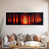 Forest Landscape Art, Forest Fire, Fall / Autumn Decor, Panoramic Wall Art, Framed Canvas Print, Orange and Yellow Fantasy Forest