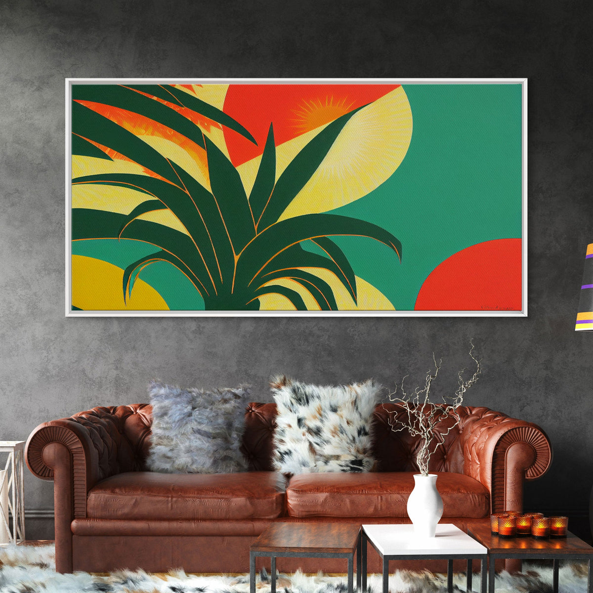 Midcentury Style Art Deco Palm Leaf, Framed Canvas Print, Framed Art, Wall Decor, Palm Tree, Tropical Art, green and gold art