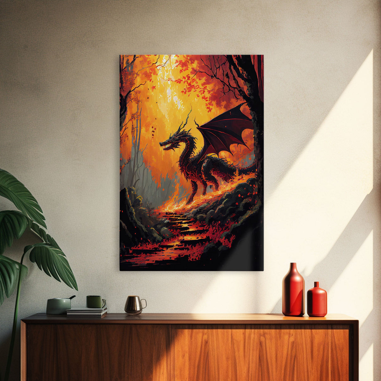 Fiery Dragon Burning Down Forest Canvas Print - Mystical Fantasy Wall Art Home Decor Artwork