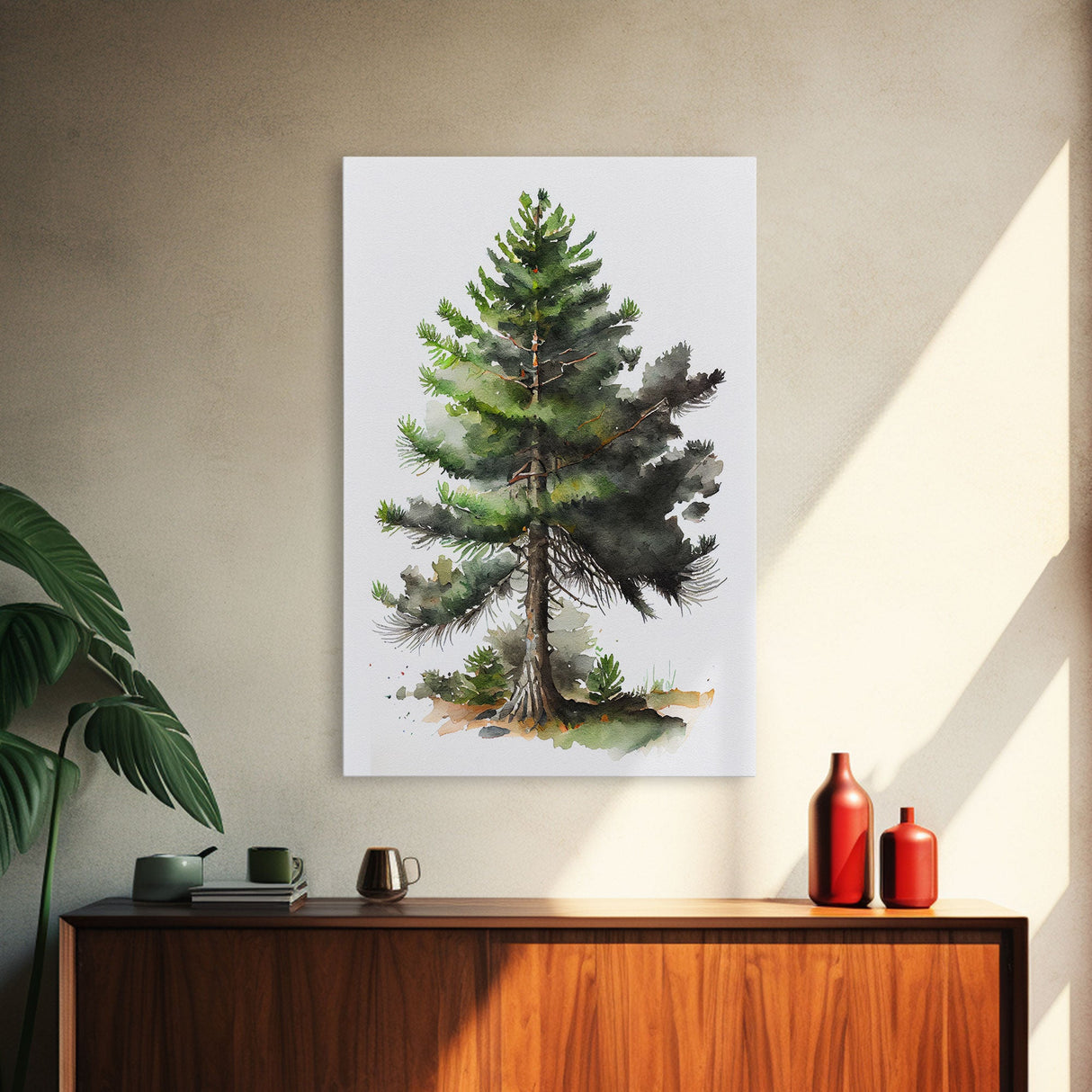 Pine Tree Watercolor Wall Art Canvas Print - Vibrant Colorful Nature Scene Artwork