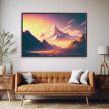Watercolor mountain at sunset, pastel, subdued colors, framed canvas print