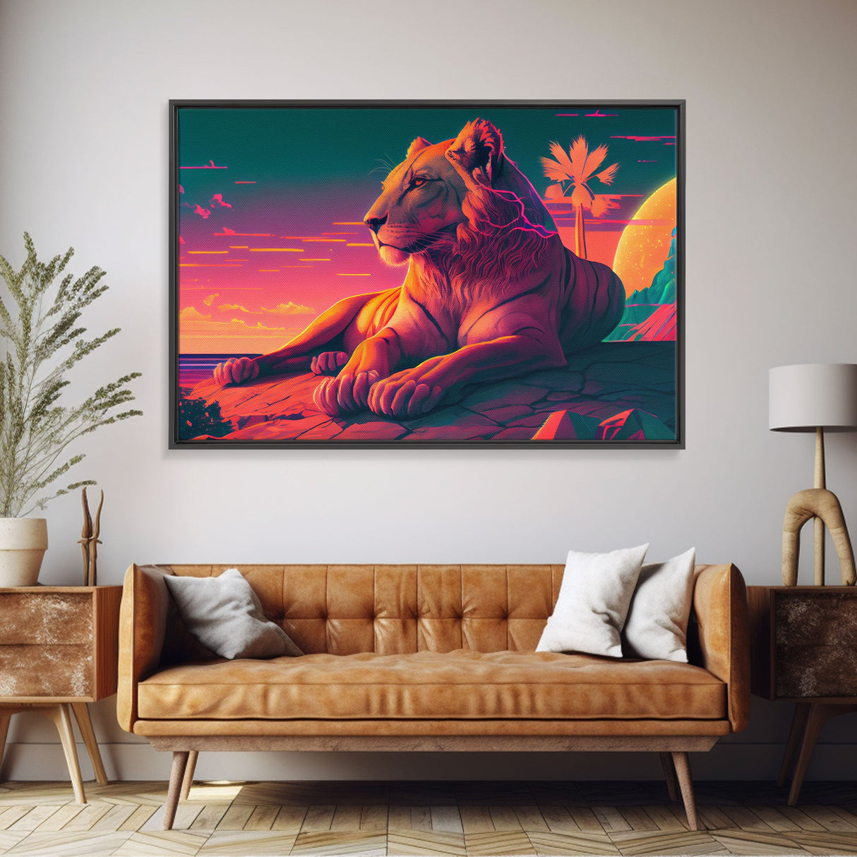 Lion contemplating life on a cliff, vibrant and colorful synthwave retro style art, framed canvas print