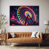 Colorful boardwalk art, neon lit night time ferris wheel, framed canvas print, framed wall art