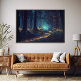 The magical enchanted forest is lit brightly with fireflies at night, framed canvas print, fantasy art