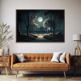 Snow covered park at midnight with a full moon, watercolor nature art, framed canvas print, framed wall art