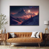 Mt. Everest Art, full moon over a mountain landscape, watercolor, framed canvas print, unique wall art
