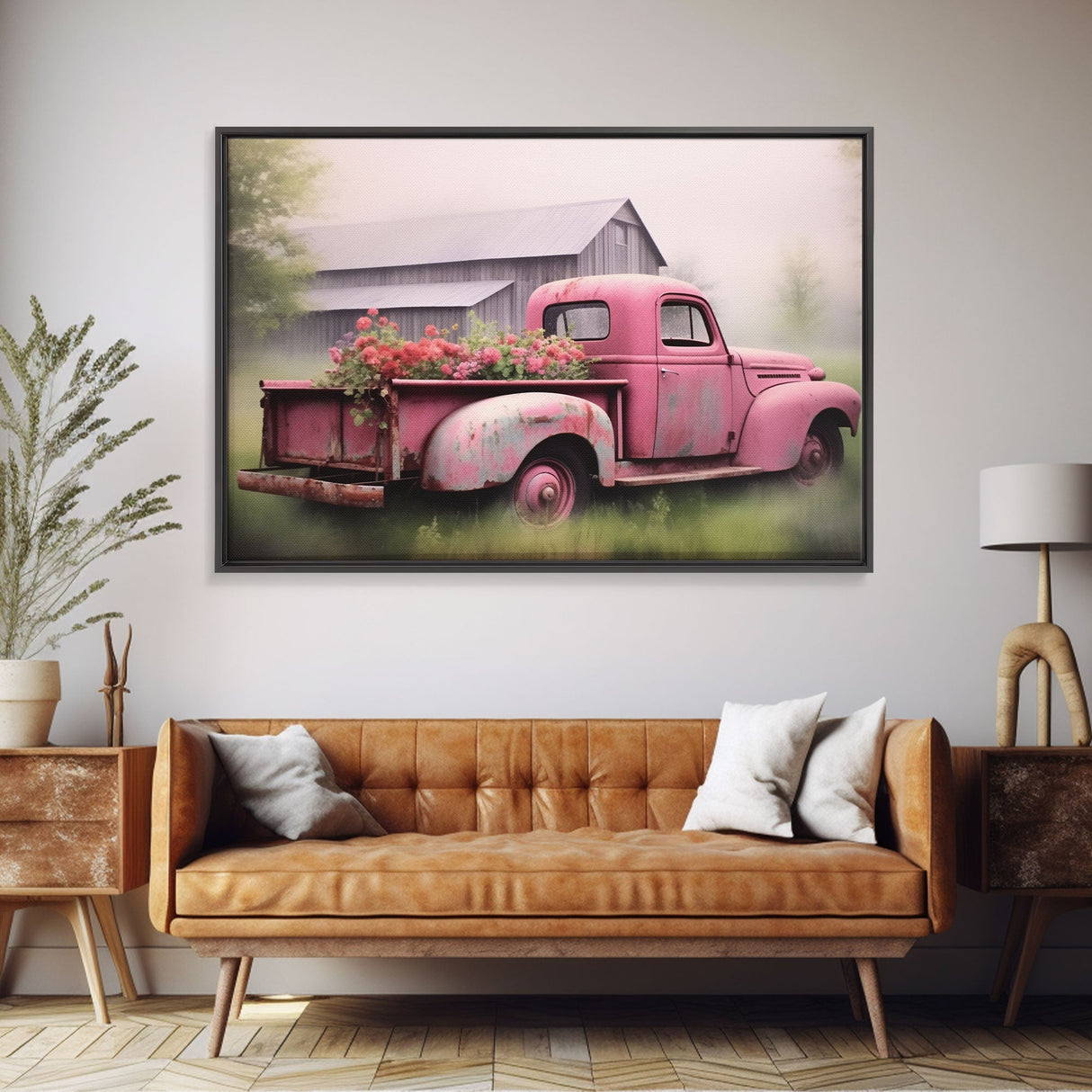 Framed Picture of old truck with beautiful flowers in bed of truck, farmhouse living, old barn, farmhouse distressed, framed canvas print
