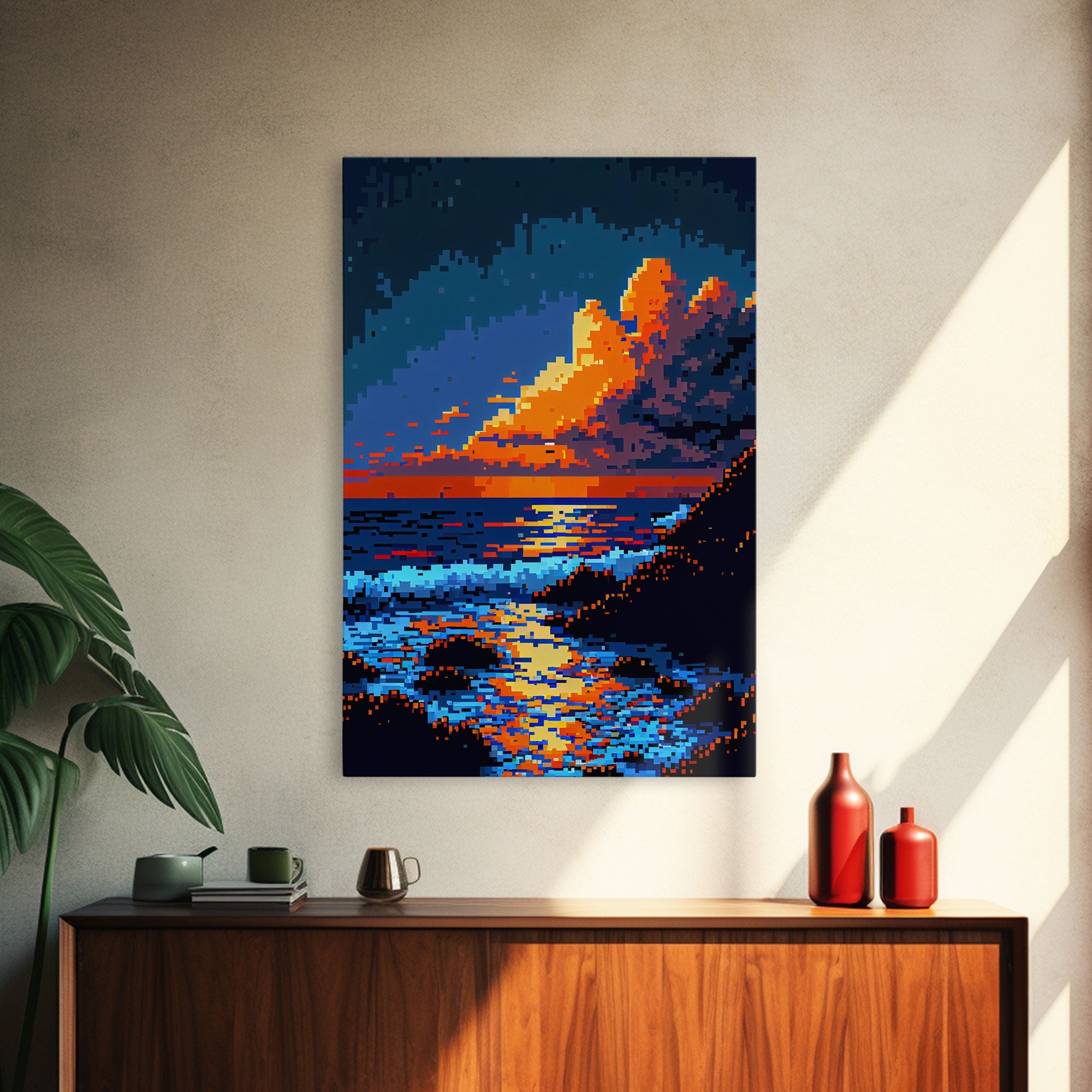 『+４本サービス❢』パステル８本セットx２点PORTRAIT&LANDSCAPE Pixel Art Sunset obscured by clouds, framed canvas print, 8
