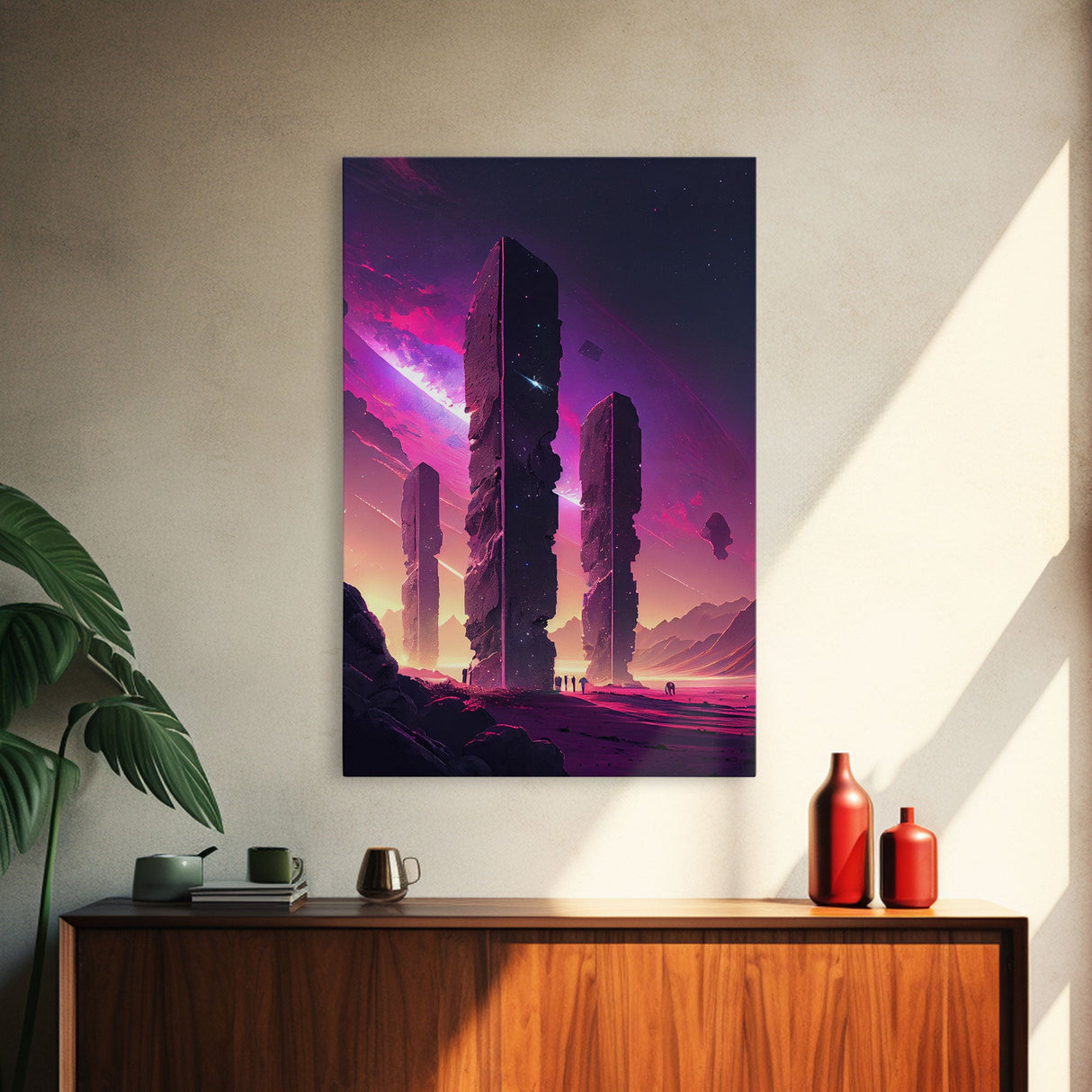 The Monoliths, Scifi art, retro synthwave style alien planet art, framed canvas print