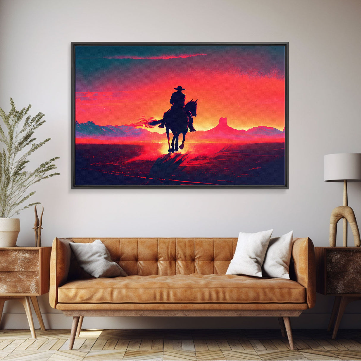 The Sunset Ride, Wild West Cowboy Art, retro style western decor, framed canvas print