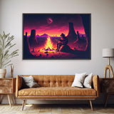 Valley Canyon Man Campfire Guitar Landscape Magenta Fine Art Print, Wall Art Print, Wall Poster, Wall Décor