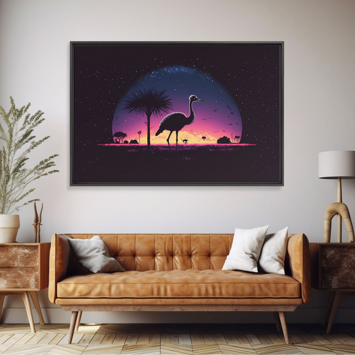 Emu Art | Framed Canvas Print | Synthwave Style Framed Wall Art | Animal Prints | Emu Walks Under A Full Moon | Kid's Room Decor