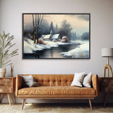 Snow Covered Landscape Art | Church Art | Framed Canvas Print | Snowy Winter Scene | Boho Minimalist Modern Art