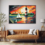 Sailboat and Lighthouse | WPAP Art Style Painting Print | Framed Canvas Print | Colorful Minimalist Art | Nautical Art | Pop Art