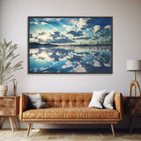 Reflections in Ice, Framed canvas print, unique farmhouse wall art, blue and white tones