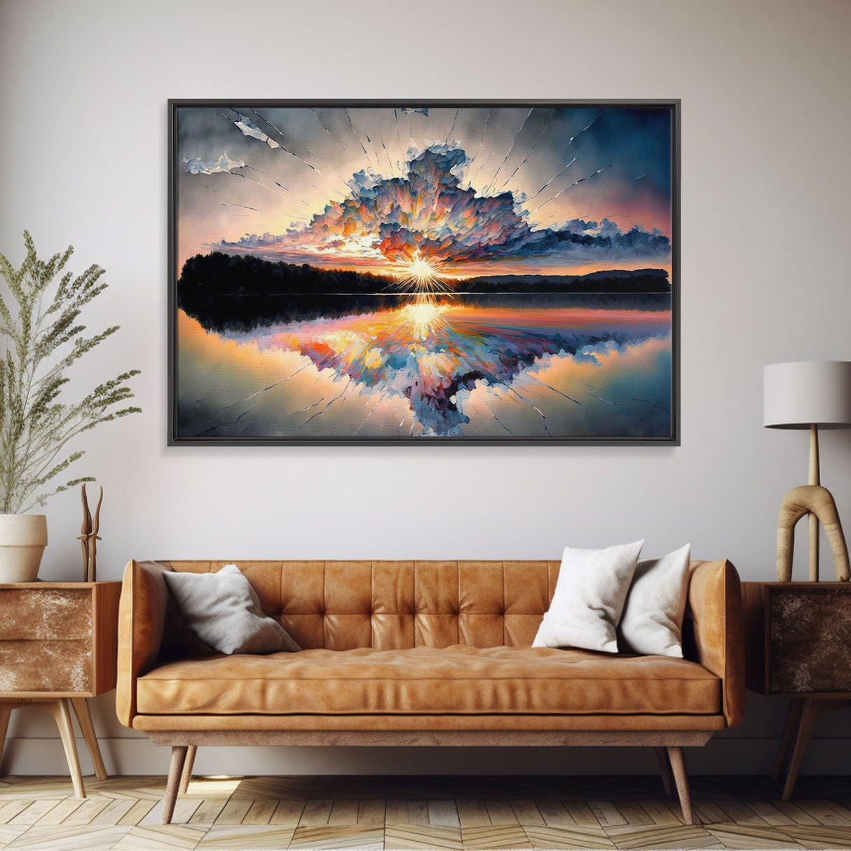 Sunset Reflection over a Lake, framed canvas print, framed wall art, colorful decor, above couch art