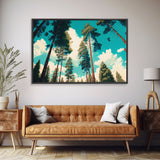 Pine Tree Forest and Blue Skies, Framed Canvas Print, Beautiful Wall Art, Living Room Wall Decor, Pine Cone Tree