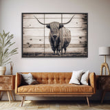Rustic Cattle Art, Framed Canvas Print, Framed Wall Art, Primitive Rustic Minimalist Farmhouse Decor, Highland Cattle Distressed Art