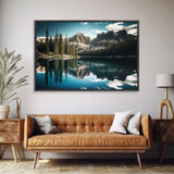 Reflections on a winter lake, watercolor landscape art, framed canvas print, pine tree winter forest
