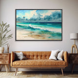 framed emerald green ocean art, beach wall art, framed wall art, living room wall decor, abstract landscape art, framed canvas print
