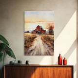Sunset Over A Red Barn, Watercolor Painting Canvas Print, Country Poster Art,  Framed Canvas, Country Roads, Rustic Farmhouse Decor