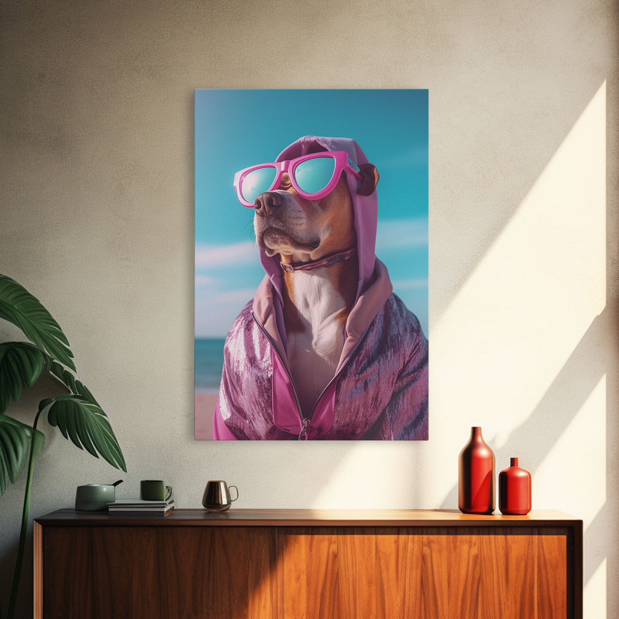 Pit Bull In Pink Hoodie Sunglasses Wall Print, Dog Décor, Dog Print, Dog Portrait, Framed Wall Art, Framed Canvas, Wall Print, Wall Canvas