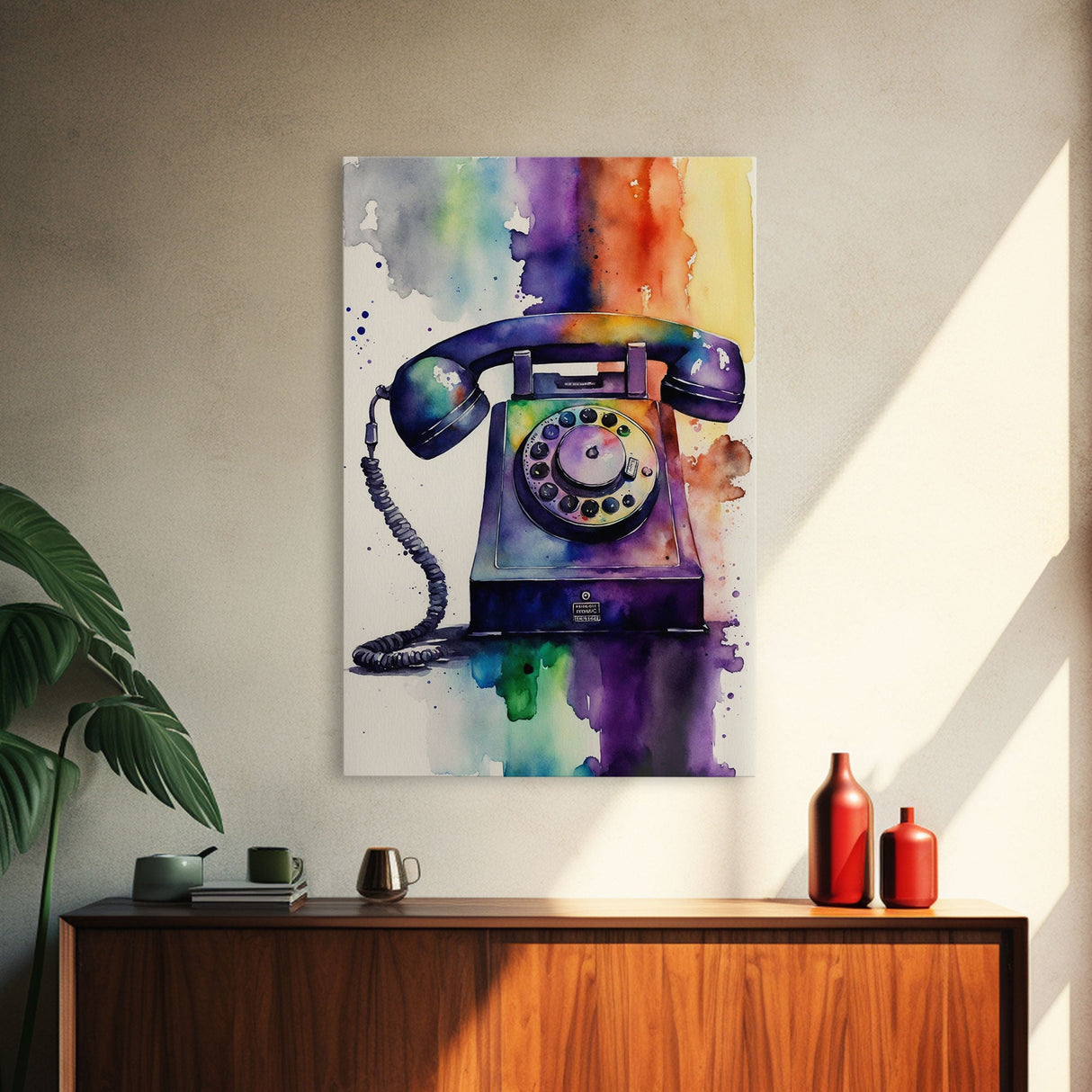Retro Rotary Phone Art, Watercolor, Framed Canvas Print, Large Wall Art, Retro Style Decor