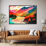 Watercolor Landscape, Rainbow Landscape Art, Framed Canvas Print, Unique Primitive Style Landscape Decor
