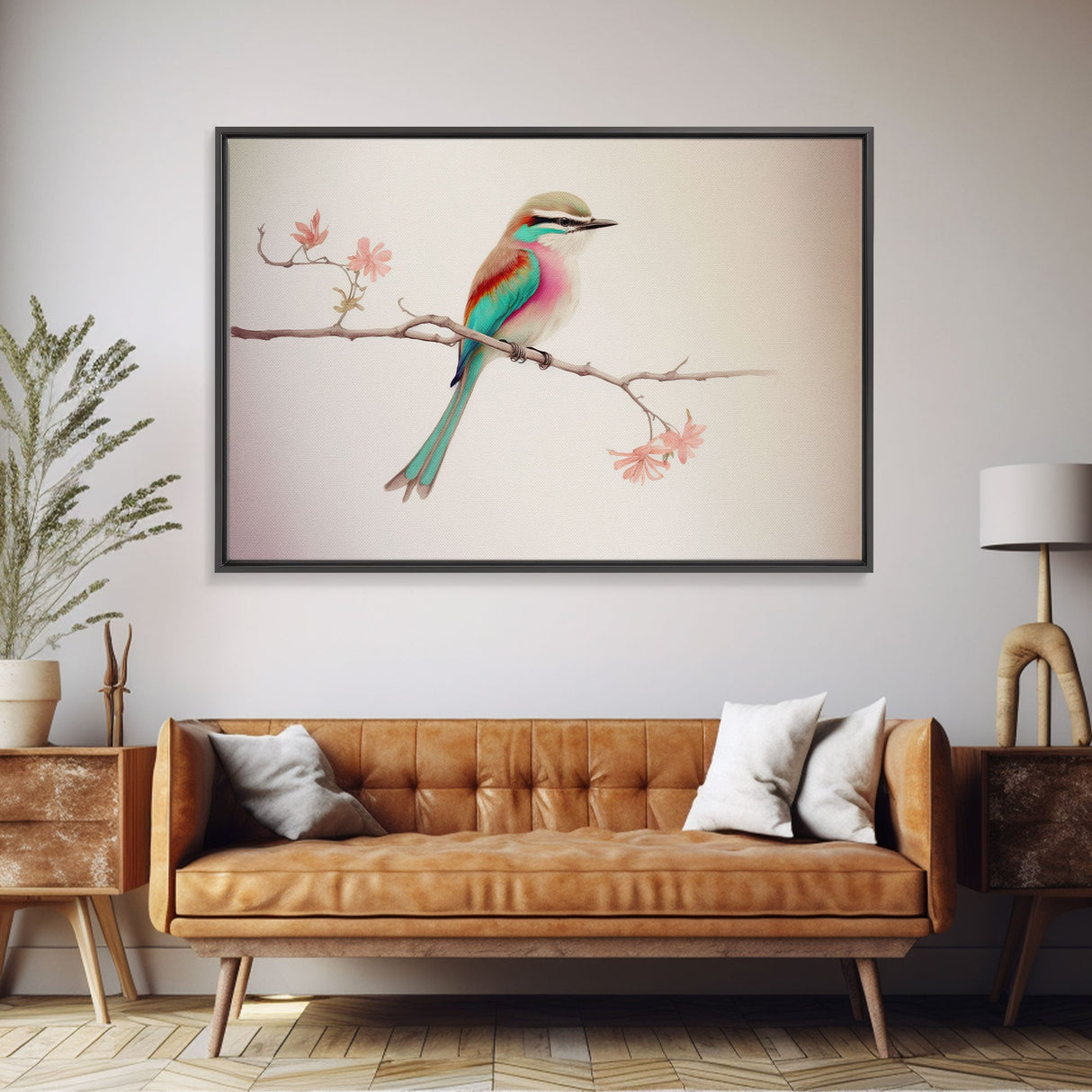 Colorful Oriole Bird On a Branch, Watercolor, Framed Canvas Print, Birdwatcher Art