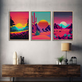 Retro Synthwave Style 80s Vibes Art, 3 Panel Canvas, Triptych Art, Framed Canvas Prints, Sunset, Pink Hues, Pastel Art, Vaporwave Decor