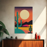 Pop Art Framed Canvas Print of Desert Landscape at Sunset, Outrun Style Sunset Full Moon Art, Unique 80s Vibe Retro Art, Art Deco
