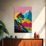 Retro Midcentury Style Wall Art, Framed Canvas Print, Colorful Wall Art, Mountain Landscape, Office Decor, Low Res Art