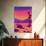 Retro Outrun Style Desert Landscape Print, Framed Canvas Art, Synthwave Style, Southwestern Decor, Western Art, Guest Room Decor