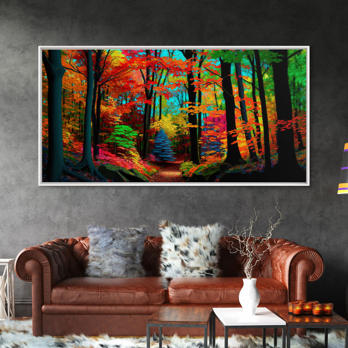 The Sacred Grove, Fantasy Art, Pop Art Forest Landscape, Framed Canvas Print, Colorful Forest Painting, Living Room Art