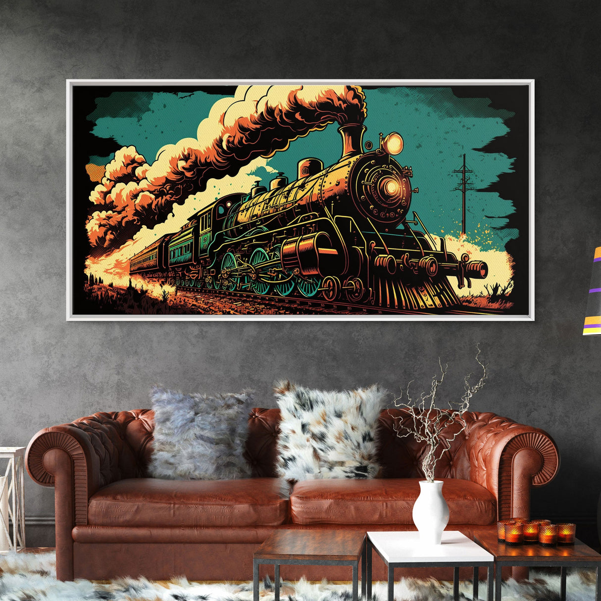 Pop Art Steam Train, Framed Canvas Print, Cool Wild West Decor, Western Art, Framed Colorful Pop Art
