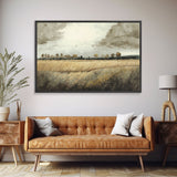Moody Country Landscape Canvas Print Painting | Vintage Wall Art | Subdued Wall Art | Framed Canvas | Muted Monochromatic Landscape Art