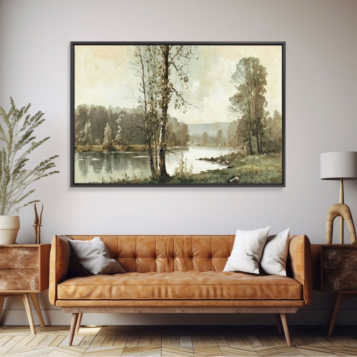 Vintage Landscape Wall Art Canvas Print, Sketch Natural Framed Large Gallery Art, Minimalist Art Ready to Hang, Framed Farmhouse Art