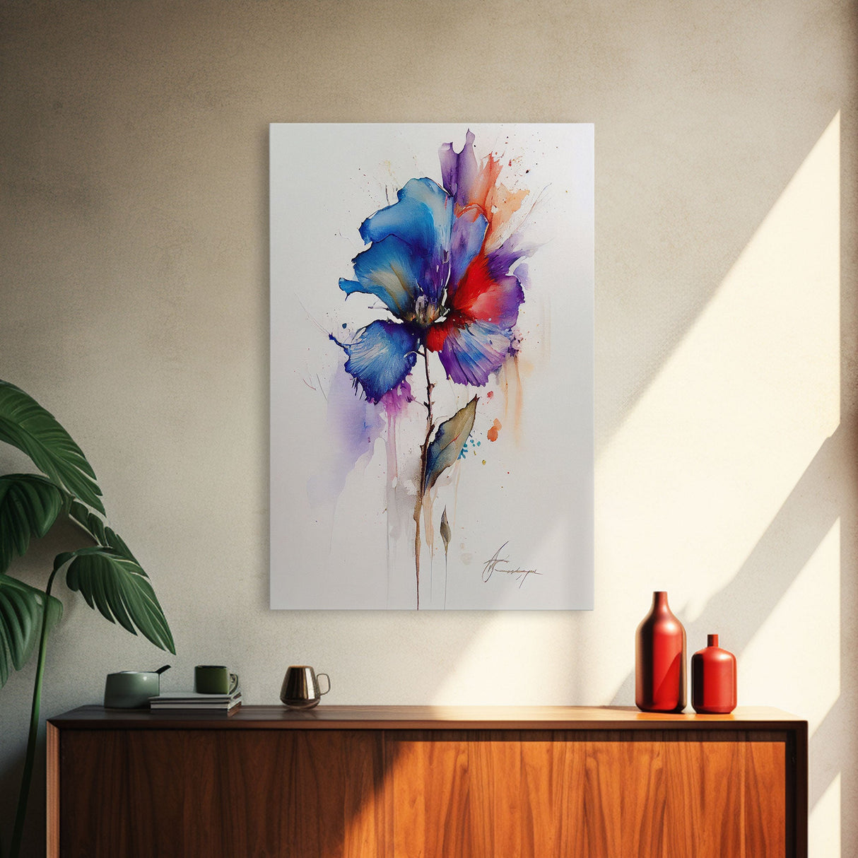 Red and Blue Vintage Style Framed Canvas Art, Vintage Floral Print, Vintage White Roses Painting, Still Life Botanical Farmhouse print,