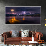 Full moon canvas print, Lightning storm over a mountain lake at night, cool wall art, awesome wall art