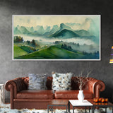 Green Blue Foggy Mountain Valley Watercolor Canvas Art Print, Panoramic Misty Rolling Hills Landscape, Extra Large Panorama Print