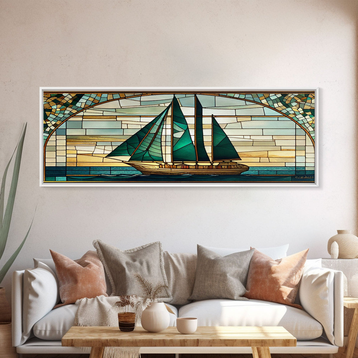 Panoramic Art Deco Sail Boat, Stained Glass, Early 20s Style Art, Roarin' 20s Art, Nautical Theme Framed Canvas Print, Extra Large Art