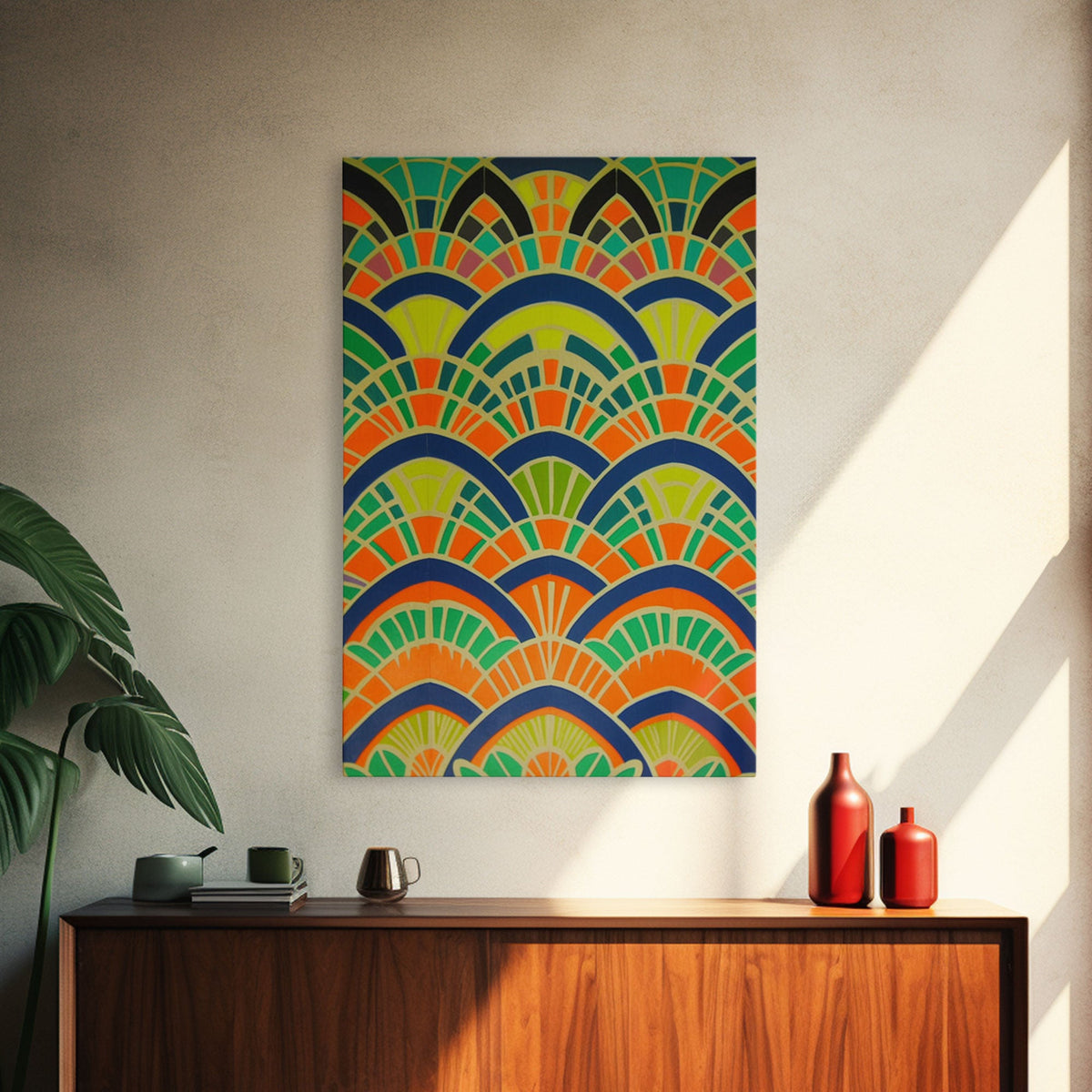 Art Deco Pattern Wall art, Framed Canvas Print, Art Deco, Wall art, Patterns art, Green colors art, Living room art, Colorful painting