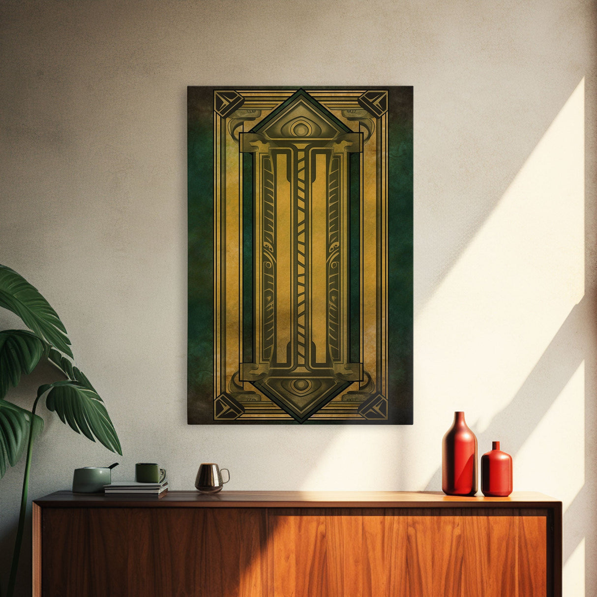Midcentury Modern Wall art, Framed Canvas Print, Art Deco, Gold & green art, Framed painting, Wall decor, Beautiful art, 1930s Style Art