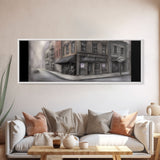 Dystopian City Canvas Print, Buildings, Man On Street, Urban Art, Large Urban Art Print, Wall Decor, Panoramic, Wall Art, Canvas Print