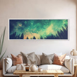 Green Night Sky Watercolor Art Print, Forest Canvas Art, Dark Forest Art, Starry Night Sky, Galaxy Art, Panoramic, Wall Art, Canvas Print