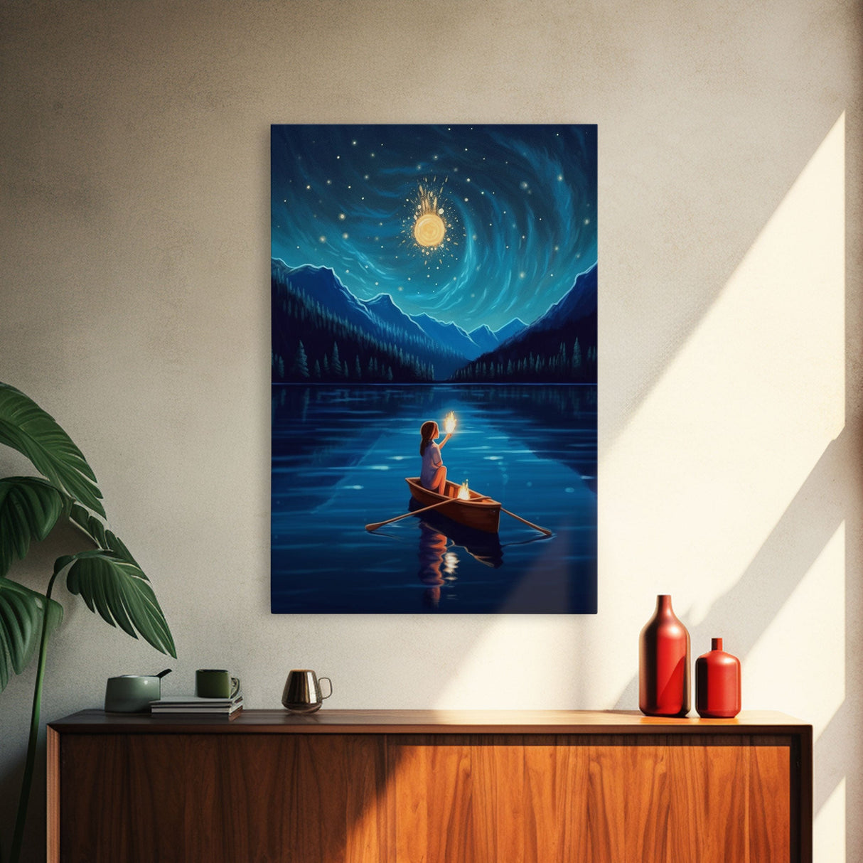 Starry Night, Girl Wizard Lights Up The Night Sky, Fantasy Art, Framed Canvas Print, Fantasy Painting Print, Original Art