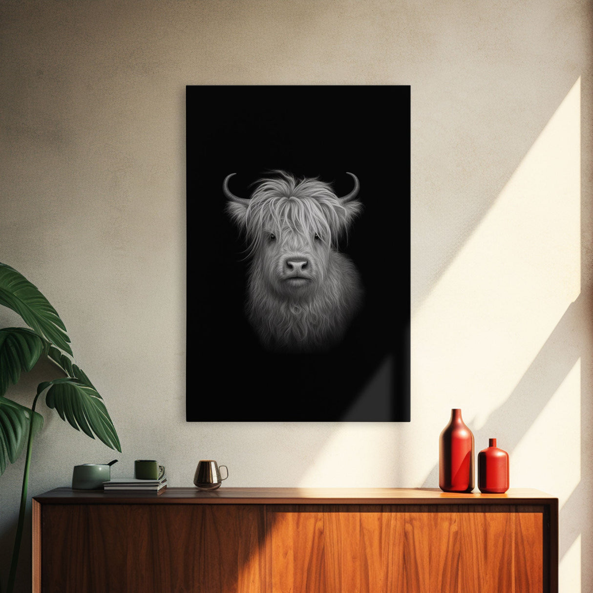 Highland Cow Art Print, Black And White, Animal Wall Decor, Minimalist Art, Wall Decor, Canvas Art, Wall Art, Framed Canvas Wall Decor