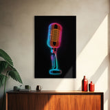 Neon Lights Retro Microphone Wall Art, Vibrant Art, Music Room Wall Art, Minimalist Print, Wall Decor, Canvas Print, Wall Art, Framed Canvas