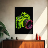 Neon Green Camera Wall Art, Neon Wall Decor, Photography Art,  Minimalist Print, Wall Decor, Canvas Print, Wall Art, Framed Canvas